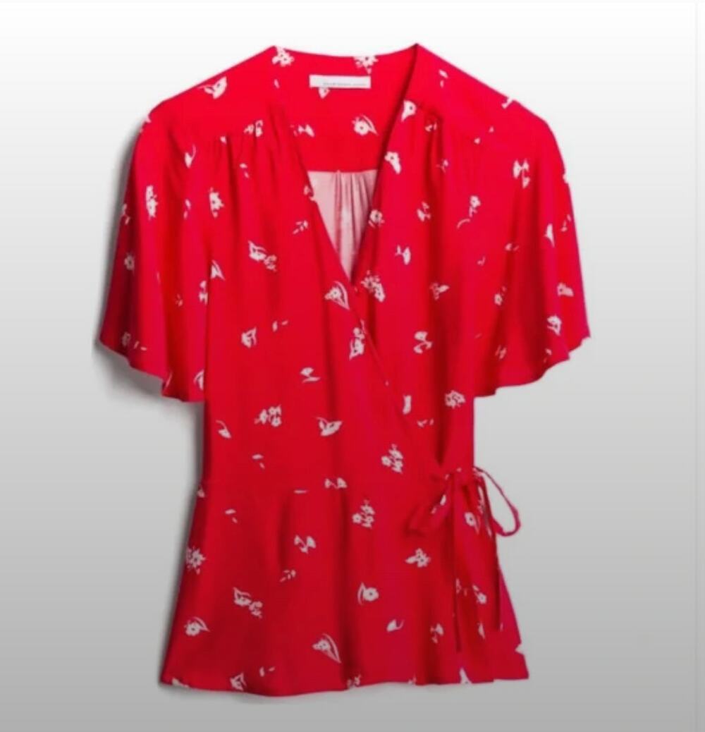 Fourteenth Place Red and White Floral Wrap Top Blouse XS